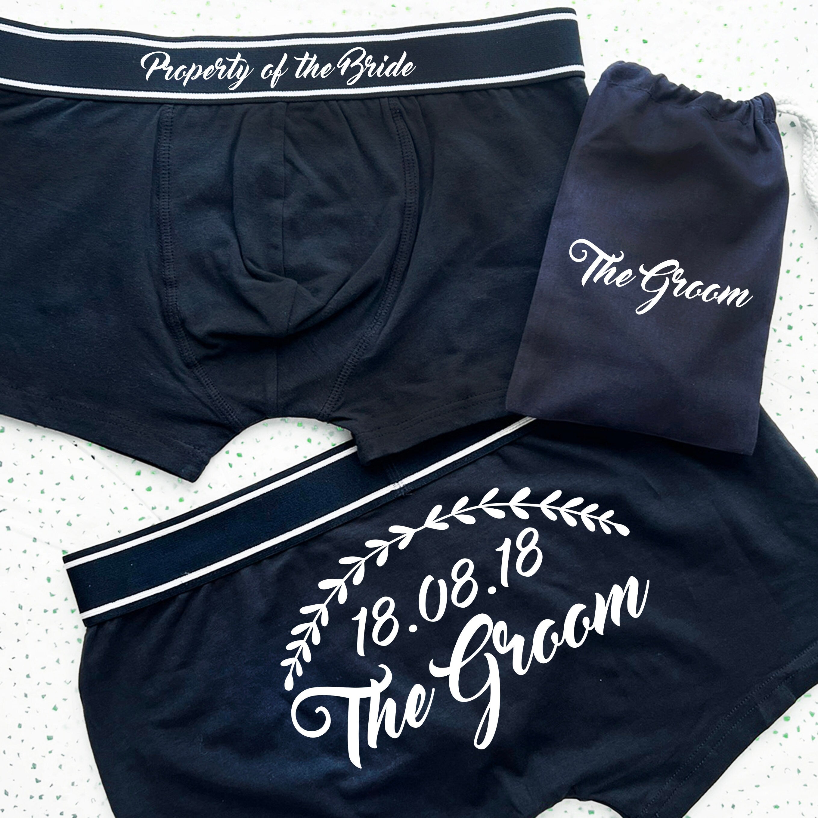 Groom's Wreath Back Print Wedding Date Boxers, Property Of The Bride, bride to groom gift, Personalise boxers, rose gold, hochzeitsgeschenk