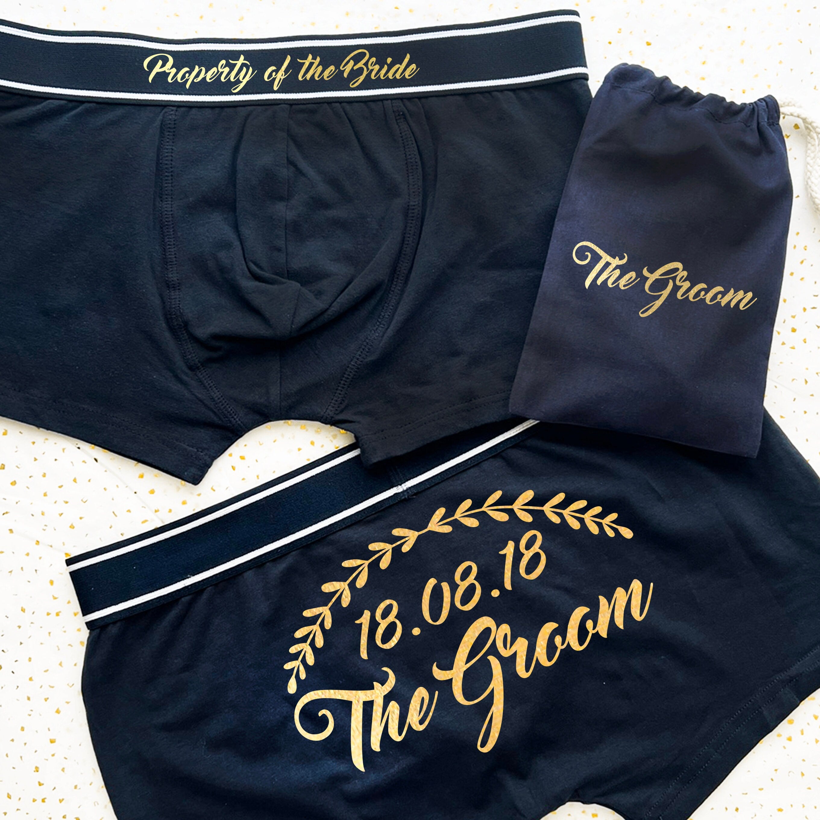 Groom's Wreath Back Print Wedding Date Boxers, Property Of The Bride, bride to groom gift, Personalise boxers, rose gold, hochzeitsgeschenk