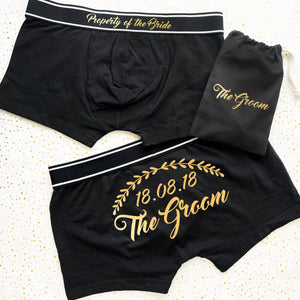 Groom's Wreath Back Print Wedding Date Boxers, Property Of The Bride, bride to groom gift, Personalise boxers, rose gold, hochzeitsgeschenk