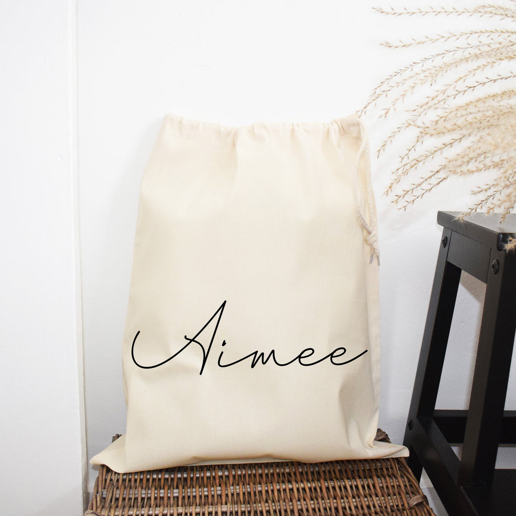 Personalised handwritten Name Storage Bag, laundry Hamper, Drawcord canvas 100% Cotton, Kid Room Storage, makeup organisation, gift wrap bag