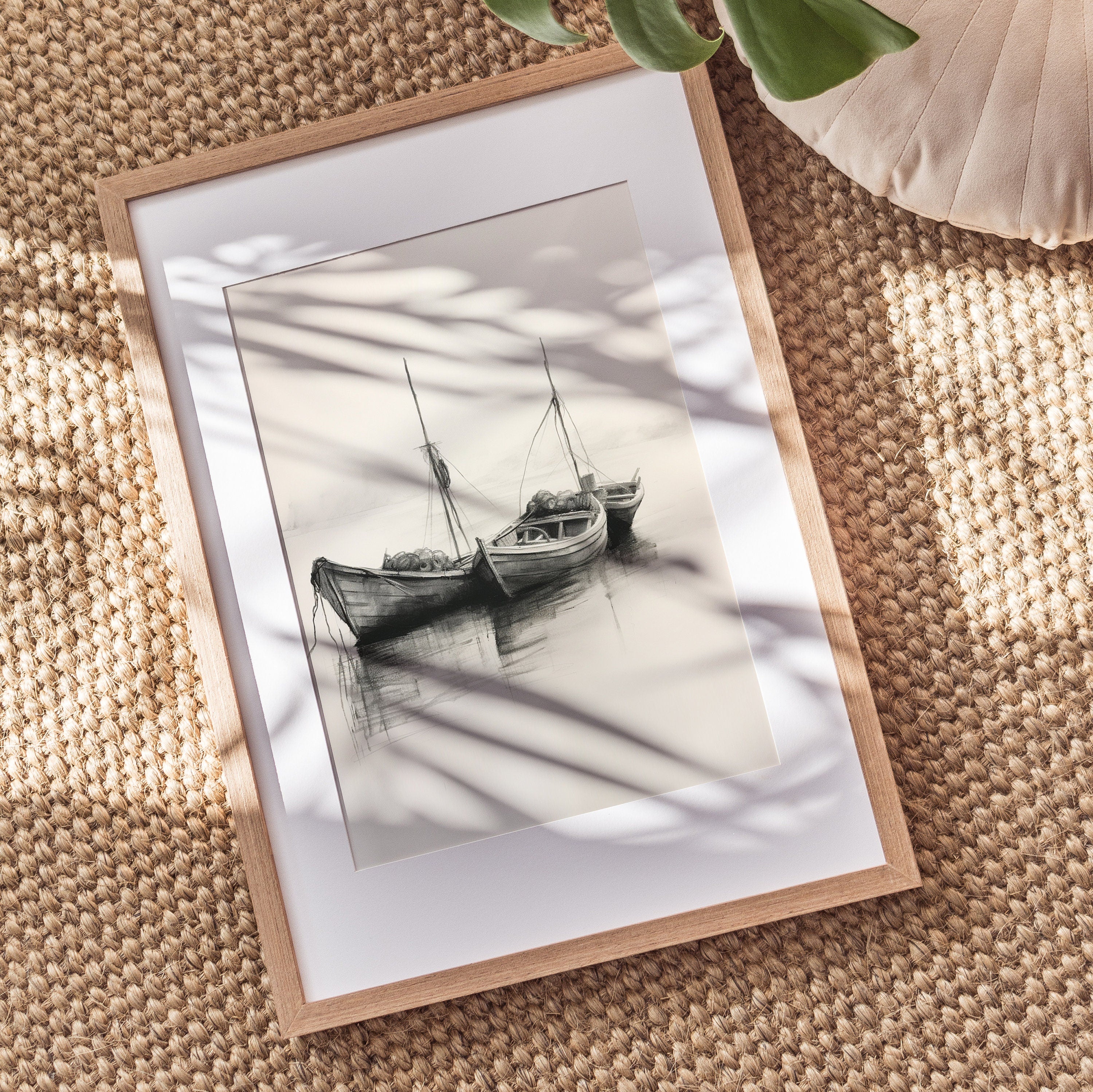 Unframed A3 or A4 Set of 3 Charcoal Fishing Boat Prints, still life sketch, Neutral gift, minimalist lounge Room Wall Art, nautical theme