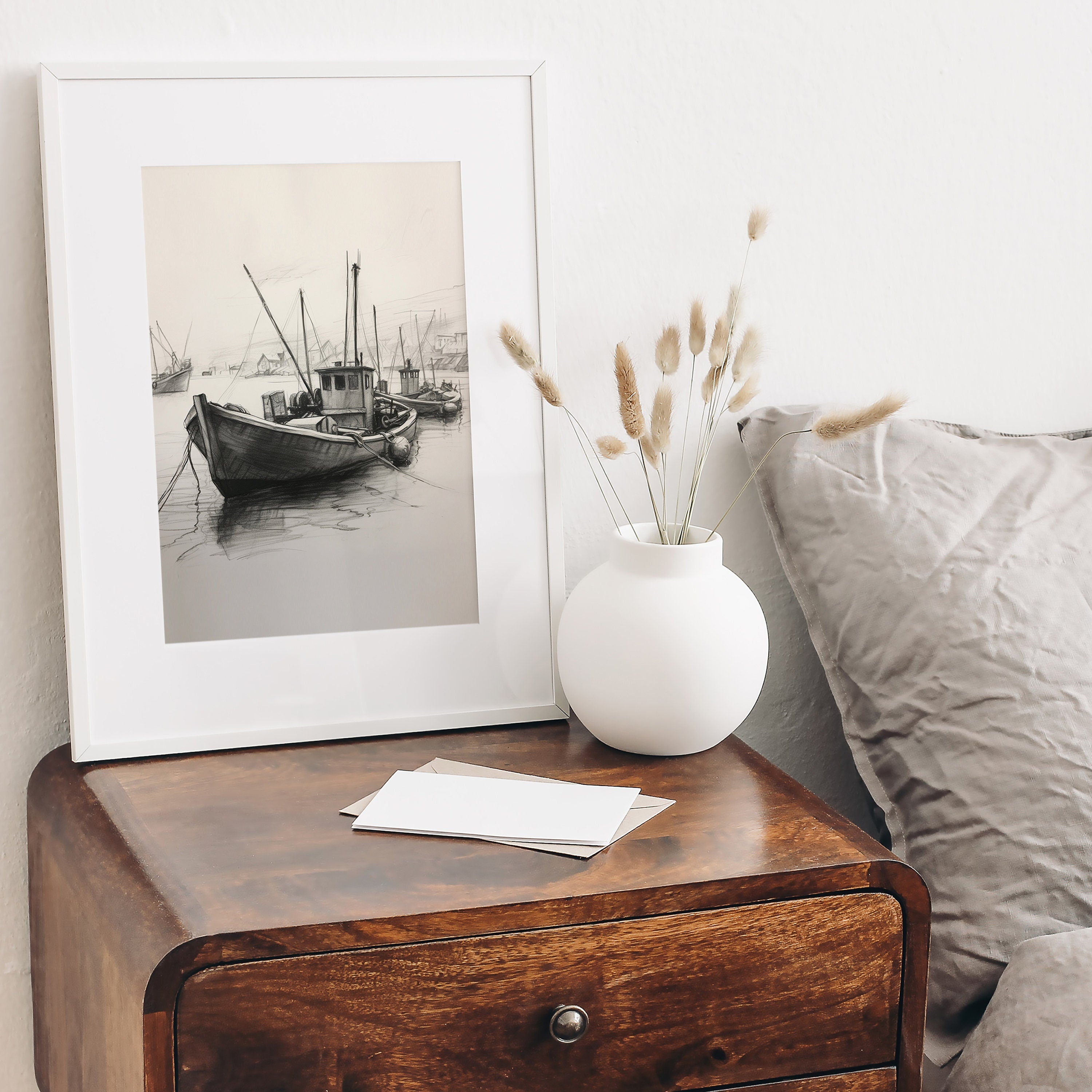 Unframed A3 or A4 Set of 3 Charcoal Fishing Boat Prints, still life sketch, Neutral gift, minimalist lounge Room Wall Art, nautical theme