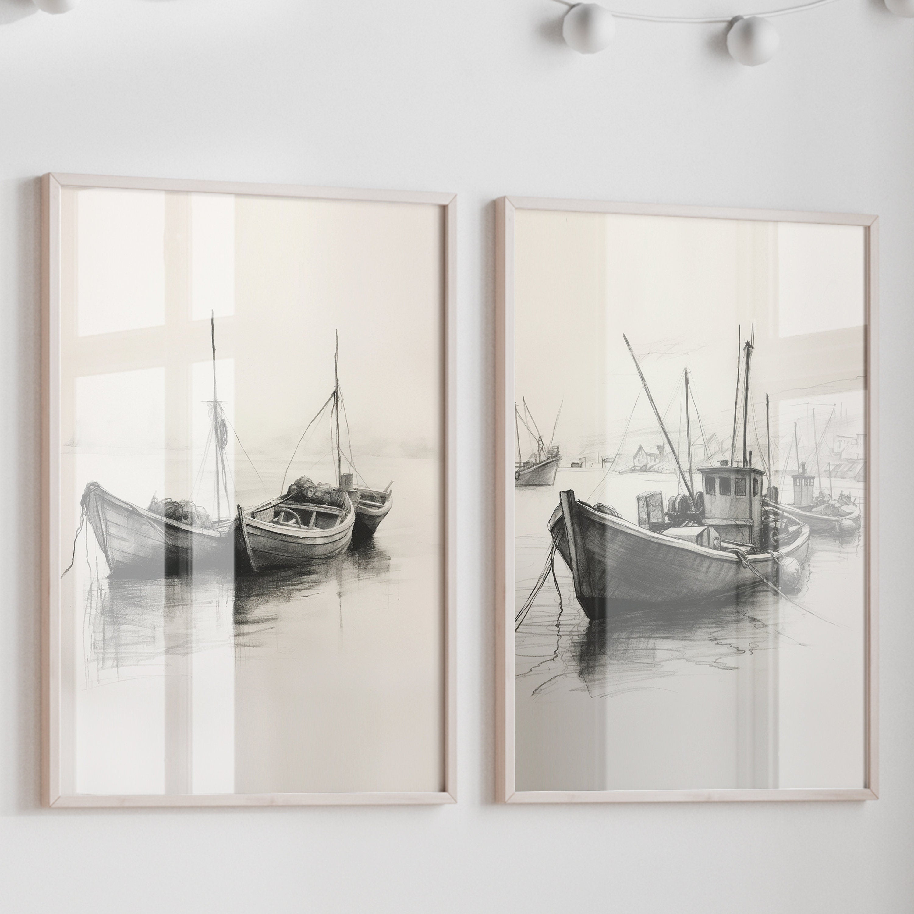 Unframed A3 or A4 Set of 3 Charcoal Fishing Boat Prints, still life sketch, Neutral gift, minimalist lounge Room Wall Art, nautical theme