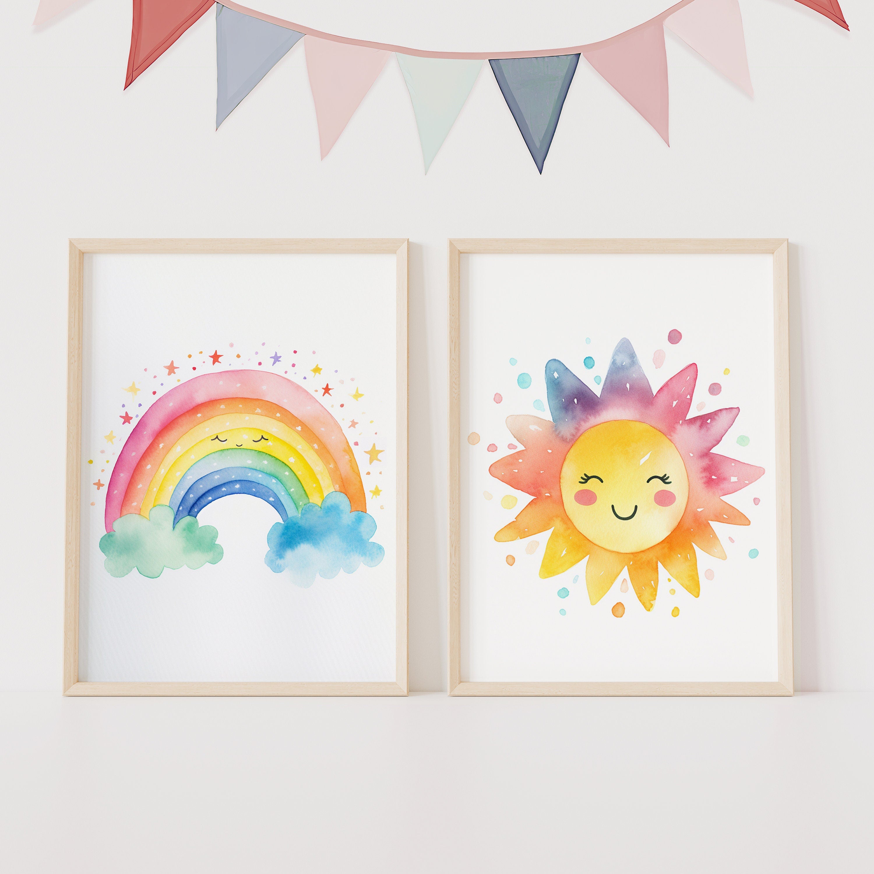 Unframed A3 or A4 Set of 3 Cute Watercolour Rainbow Weather Prints, Gender Neutral Colours, Nursery pictures, Kids Baby Toddler Room Art