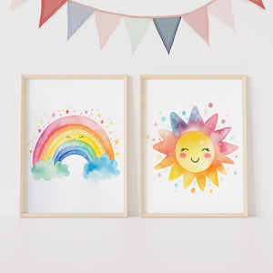 Unframed A3 or A4 Set of 3 Cute Watercolour Rainbow Weather Prints, Gender Neutral Colours, Nursery pictures, Kids Baby Toddler Room Art