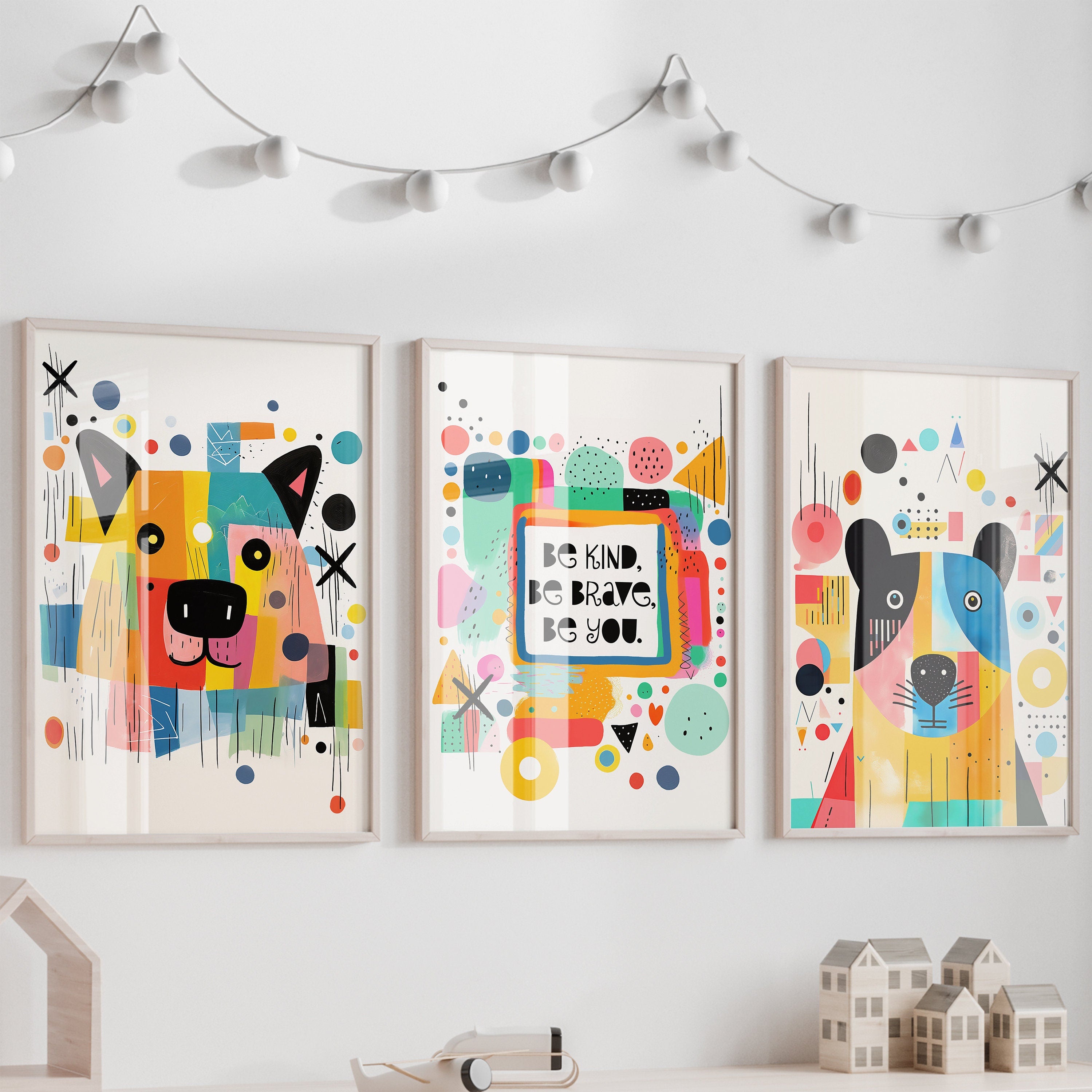 Unframed A3 or A4 Set of 3 Prints, "Be Kind, Be Brave, Be You", Abstract Rainbow Colours Bears, toddler wall art Nursery, Kids Room Picture