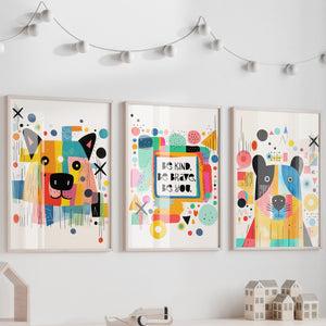 Unframed A3 or A4 Set of 3 Prints, "Be Kind, Be Brave, Be You", Abstract Rainbow Colours Bears, toddler wall art Nursery, Kids Room Picture