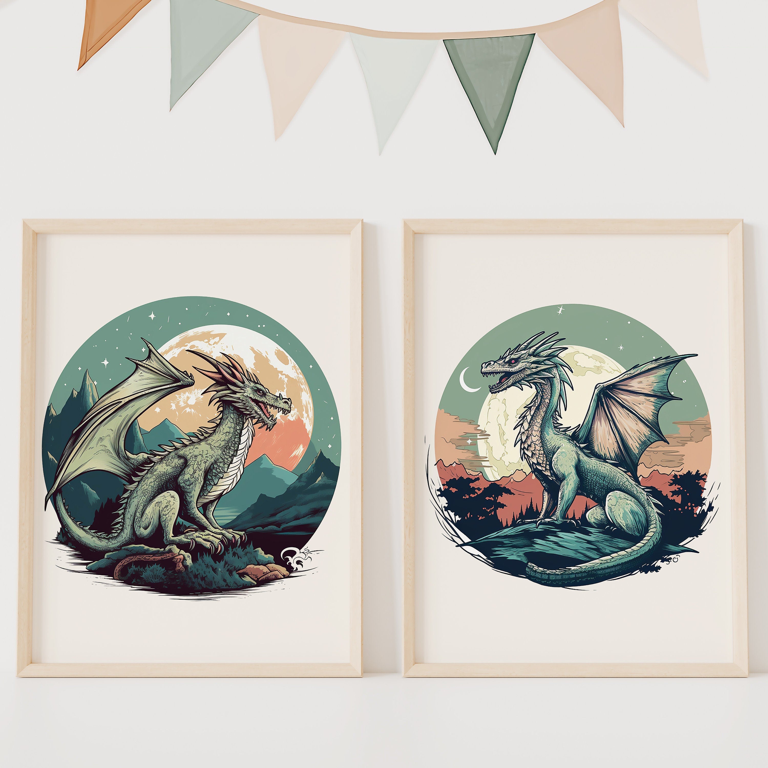 Unframed A3 or A4 Set of 3 Sage Green Dragon Prints for Kids Room, Mythical fantasy Wall Art, Children's Decor, Boys gift, Nursery bedroom,