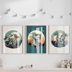 Unframed A3 or A4 Set of 3 Sage Green Dragon Prints for Kids Room, Mythical fantasy Wall Art, Children's Decor, Boys gift, Nursery bedroom,