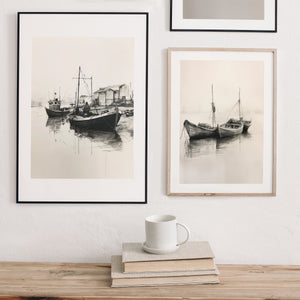 Unframed A3 or A4 Set of 3 Charcoal Fishing Boat Prints, still life sketch, Neutral gift, minimalist lounge Room Wall Art, nautical theme