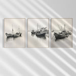 Unframed A3 or A4 Set of 3 Charcoal Fishing Boat Prints, still life sketch, Neutral gift, minimalist lounge Room Wall Art, nautical theme