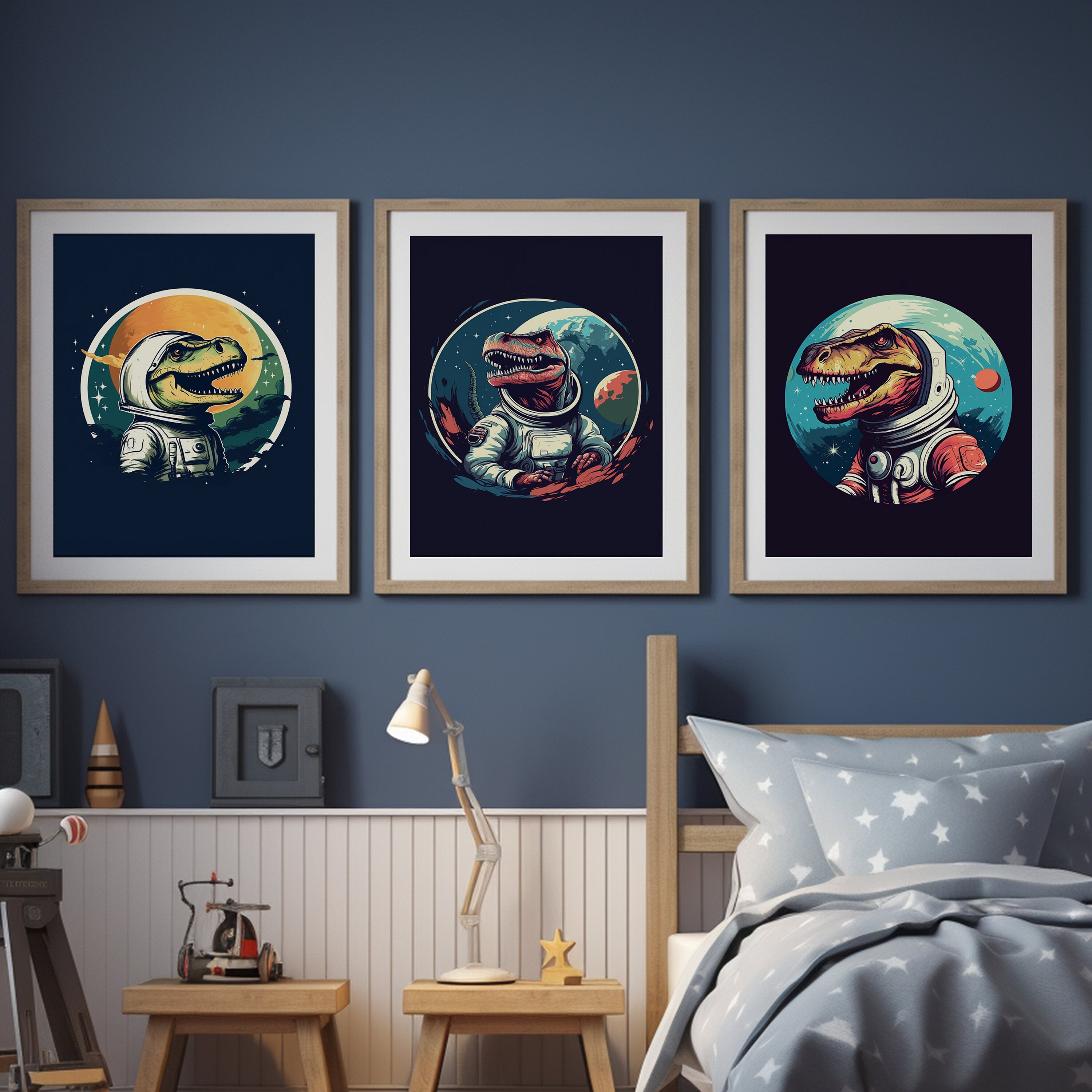 Unframed A3 or A4 Set of 3 Space Dinosaur Prints for Kids Room, Comic Wall Art, Children's Decor, Kids Gift Boys bedroom, Dino T-Rex nursery