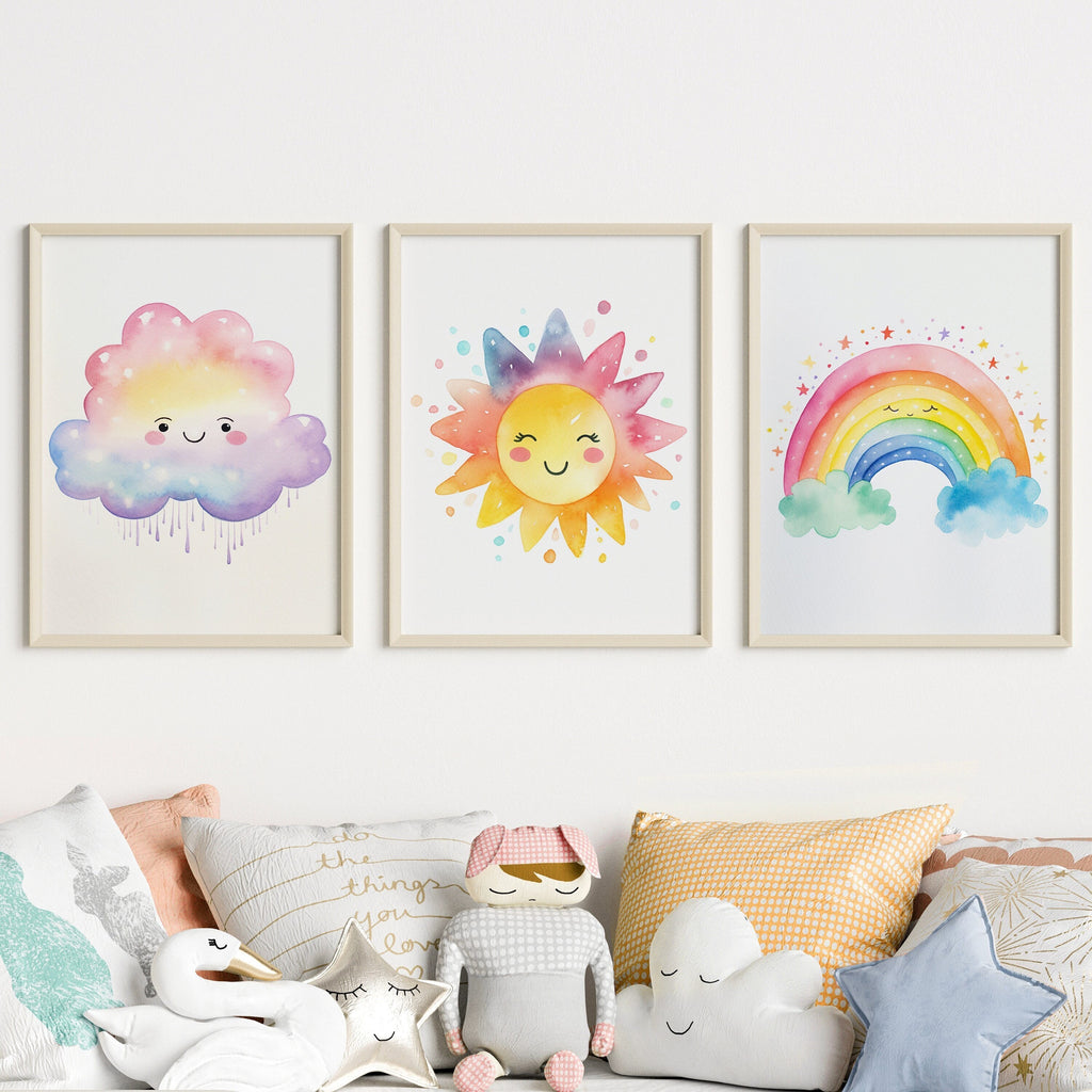 Unframed A3 or A4 Set of 3 Cute Watercolour Rainbow Weather Prints, Gender Neutral Colours, Nursery pictures, Kids Baby Toddler Room Art