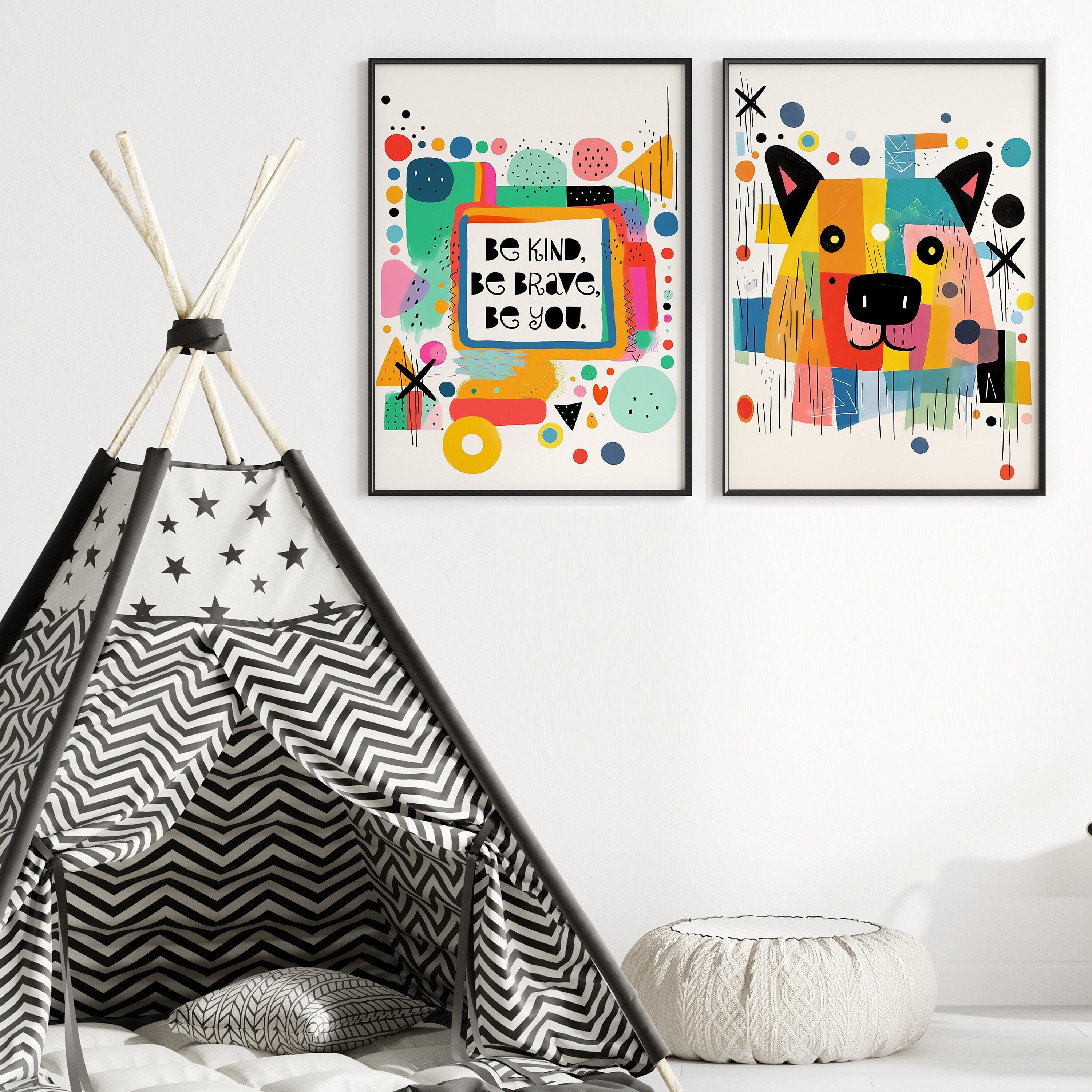 Unframed A3 or A4 Set of 3 Prints, "Be Kind, Be Brave, Be You", Abstract Rainbow Colours Bears, toddler wall art Nursery, Kids Room Picture