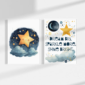 Unframed A3 or A4 Set of 3 Watercolour Moon and Star Prints, Dream Big, Gender Neutral baby gift, Cute Nursery picture, Kids Room Wall Art