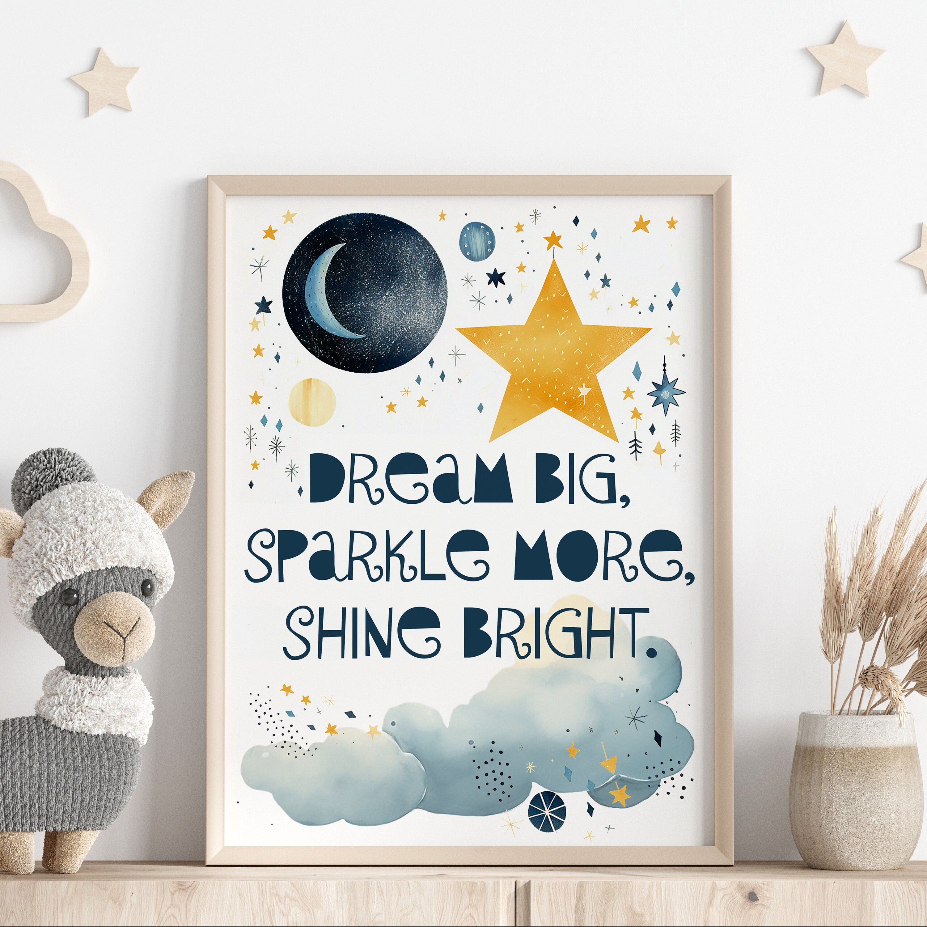 Unframed A3 or A4 Set of 3 Watercolour Moon and Star Prints, Dream Big, Gender Neutral baby gift, Cute Nursery picture, Kids Room Wall Art