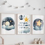 Unframed A3 or A4 Set of 3 Watercolour Moon and Star Prints, Dream Big, Gender Neutral baby gift, Cute Nursery picture, Kids Room Wall Art