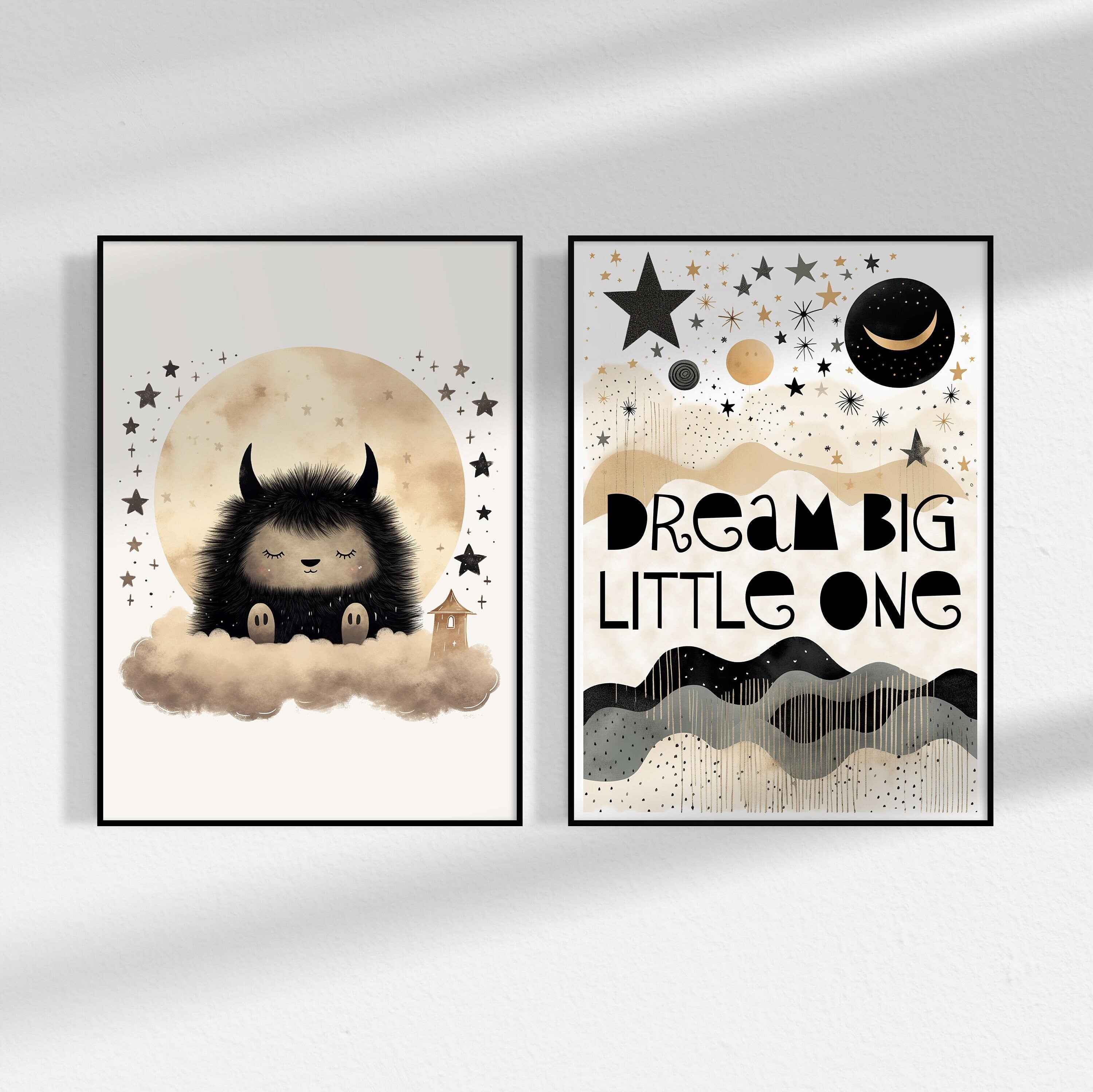 Unframed A3 or A4 Set of 3 Prints "Dream Big Little One", Cute Monsters, stars, baby bedtime, toddler wall art, Nursery Picture, Kids Room