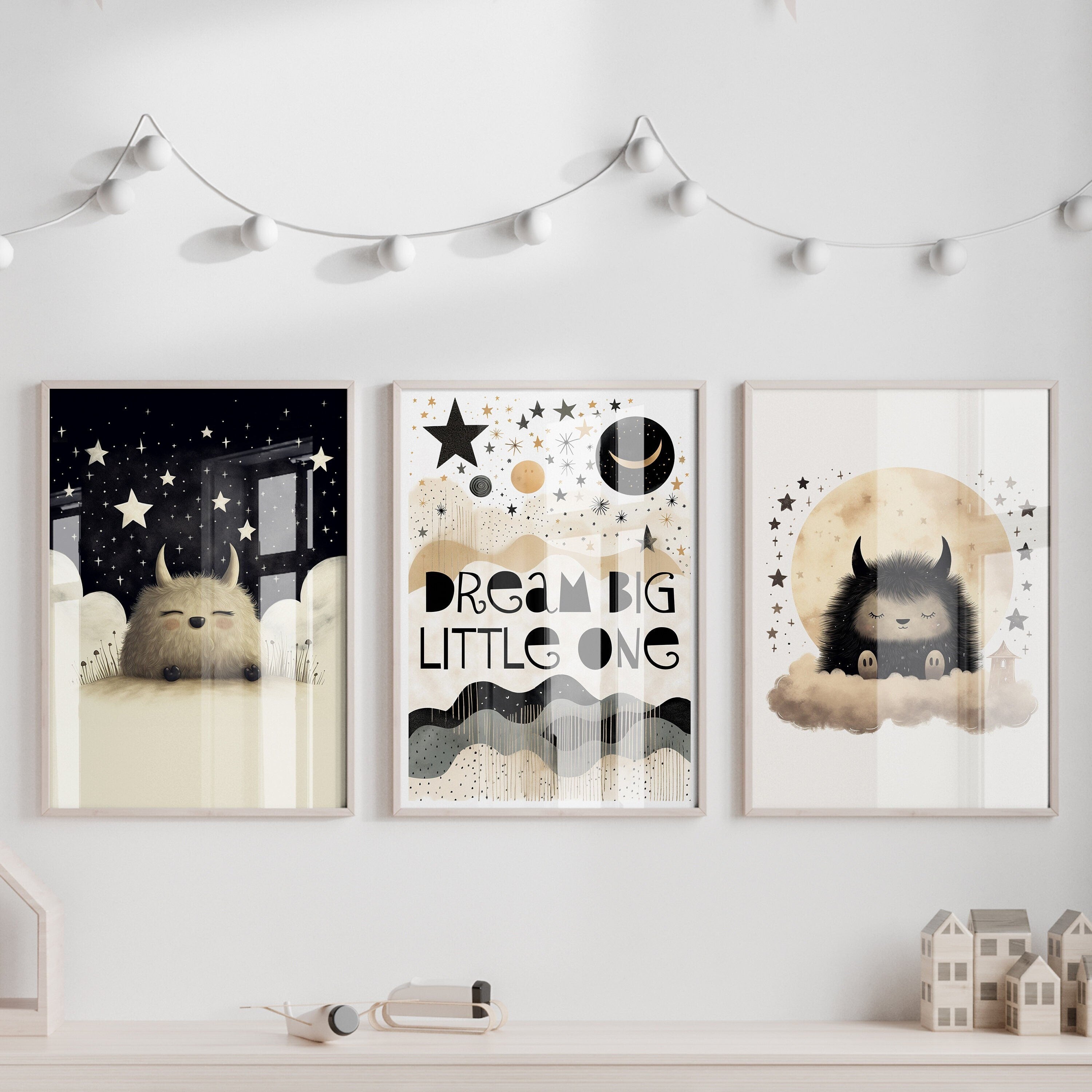 Unframed A3 or A4 Set of 3 Prints "Dream Big Little One", Cute Monsters, stars, baby bedtime, toddler wall art, Nursery Picture, Kids Room