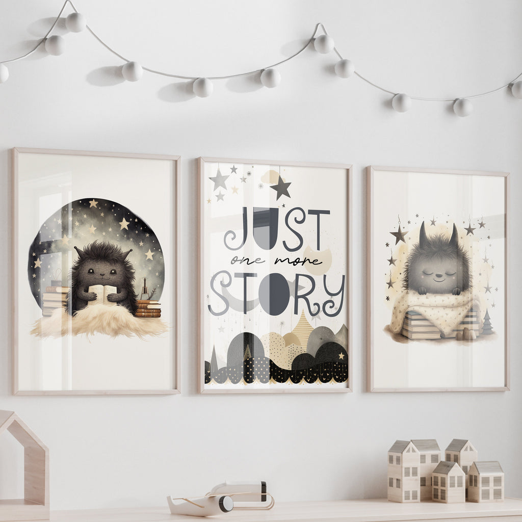 Unframed A3 or A4 Set of 3 Prints, Just one more Story, Cute little Monsters, Reading kids print, Bedtime Kids Picture, Nursery Gifts