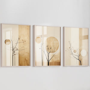 Unframed A3 or A4 Set of 3 Minimalist Neutral Tones Tree Prints, abstract art gift, Interior design idea, modern scandi lounge Room Wall Art