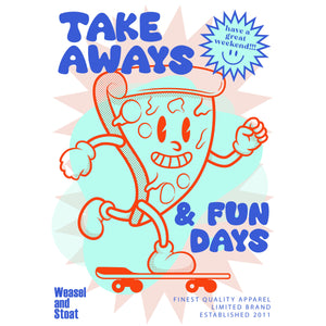 Take Aways & Fun Days Cartoon Graphic, Skate Boarding Pizza Slice, Graphic Print White T-Shirt, Unisex fit, Pizza Mascot, Retro Comic Tee