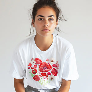 Vintage Botanical Red Poppy Heart Graphic White T-Shirt - Floral Design Gift for Her, Flowers, Unisex, Boho Lounge T, Aesthetic Tee Shirt