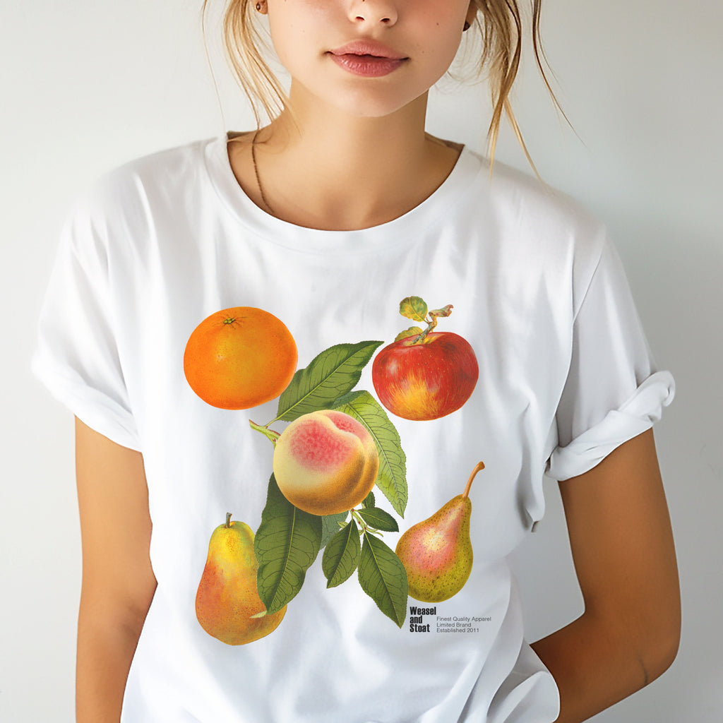 Vintage Fruit T-Shirt - Classic White Tee with British Fruit Illustration - Unisex Boho Apparel - Retro Botanical Shirt - Aesthetic Tee Gift