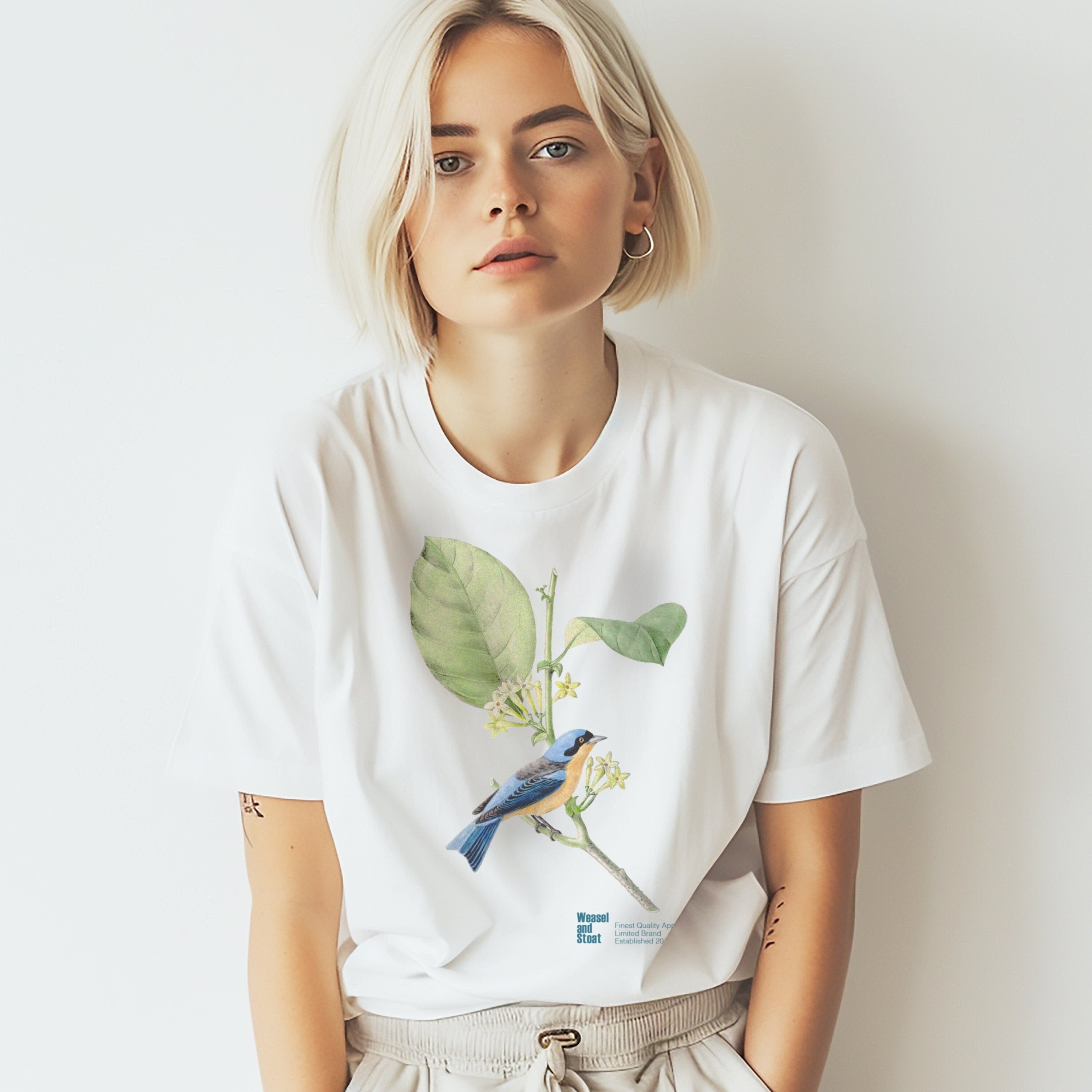 Vintage Blue Bird Illustration White T-Shirt - Classic Botanical Still Life Tee - Unisex Boho Apparel - Aesthetic T Gift- Retro Style Shirt