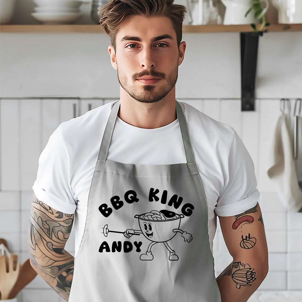 Personalised BBQ King Apron with Grill Mascot Cartoon, Custom Chef Funny Grilling Apron, Customisable Grill Master Apron, BBQ Lover Gift