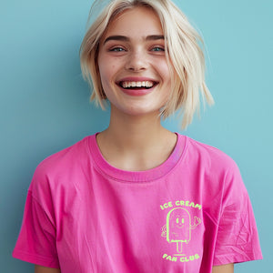 Retro Ice Cream Fan Club T-shirt, Unisex Tee, Pastel Green Print on Fuchsia Pink T-Shirt, Women's T-Shirt, Ice Cream Lover, Vacation Tee