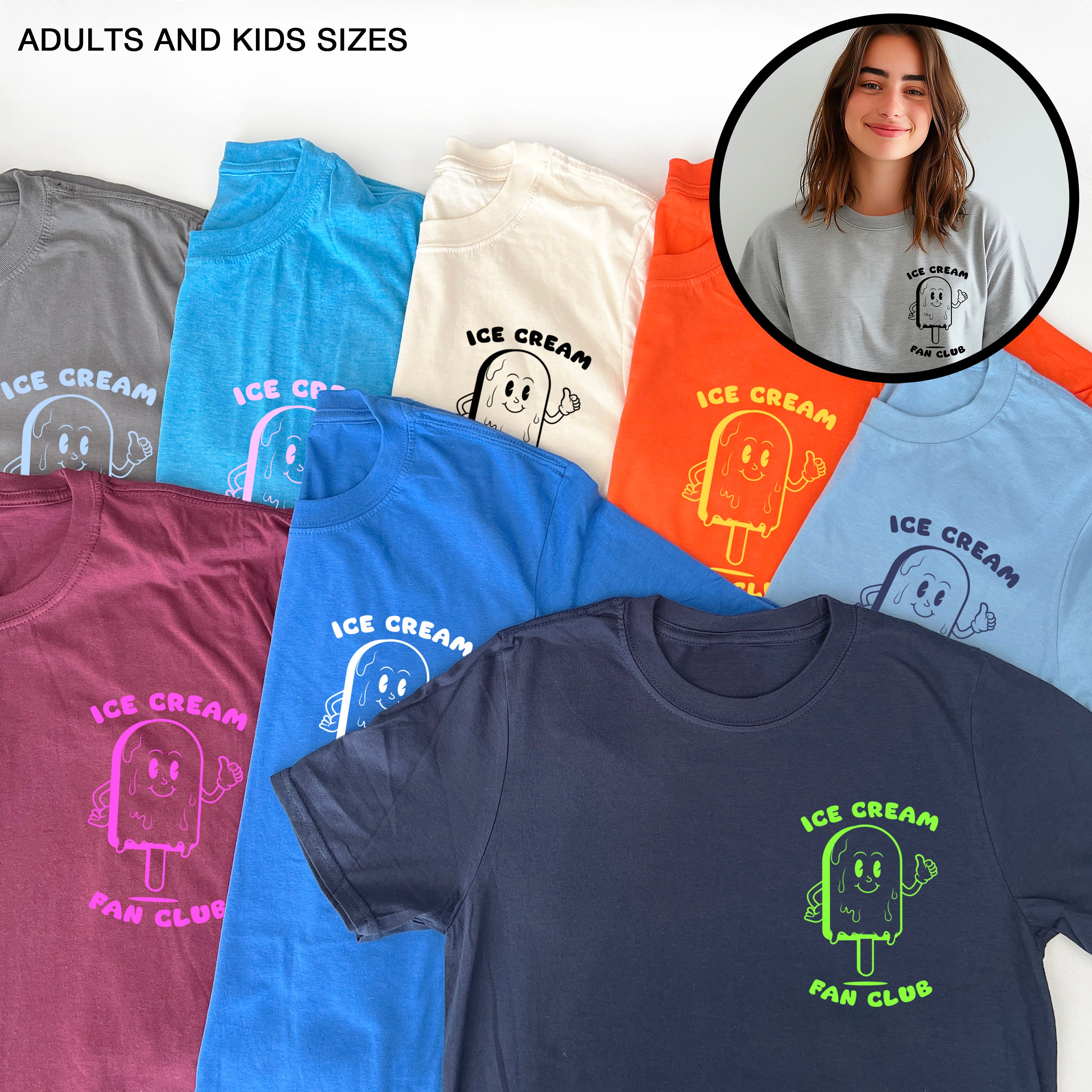 Retro Ice Cream Fan Club T-shirt, Unisex Tee, Yellow Print on Orange T-Shirt, Summer Gift for Adults & Kids, Ice Cream Lover, Vacation Tee