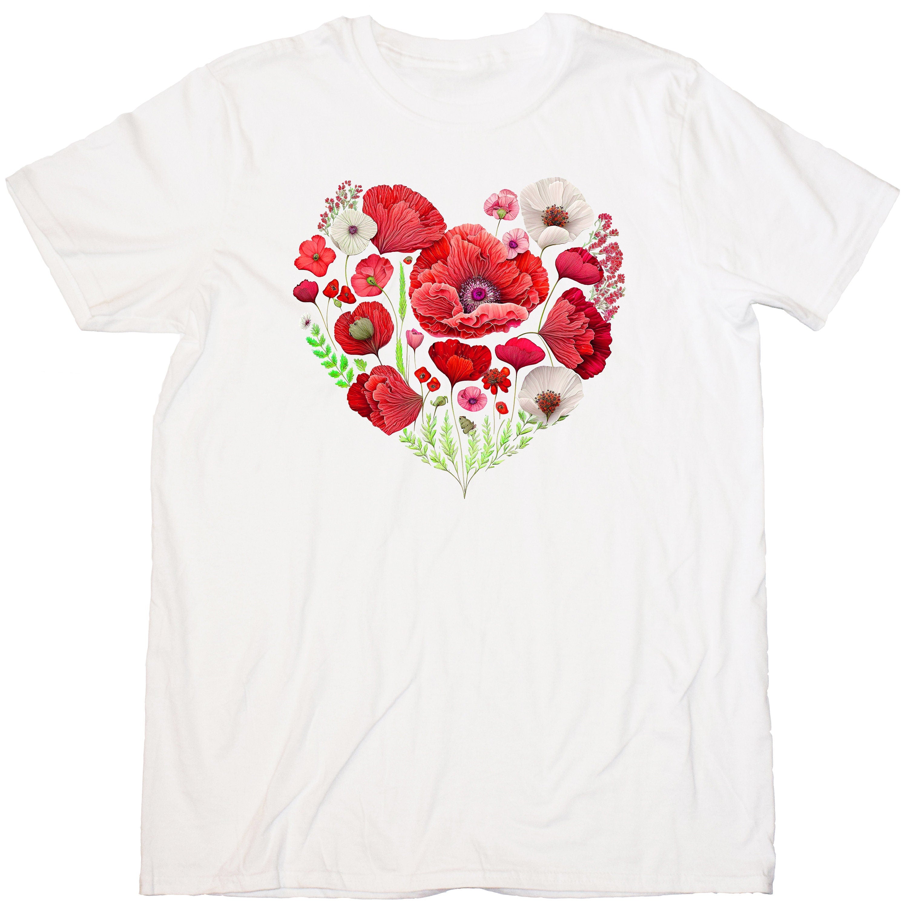 Vintage Botanical Red Poppy Heart Graphic White T-Shirt - Floral Design Gift for Her, Flowers, Unisex, Boho Lounge T, Aesthetic Tee Shirt