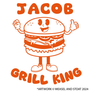 Grill King Cooking Apron with Retro Burger Mascot, Personalised Gift for Grill Enthusiasts, Father's Day and Birthdays, Adjustable, Durable
