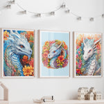 Set of 3 Unframed Botanical Dragon Prints for Kids Room - A3/A4, Mythical Fantasy Wall Art, Children's Decor, Boys Gift, Nursery Bedroom
