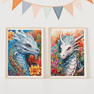 Set of 3 Unframed Botanical Dragon Prints for Kids Room - A3/A4, Mythical Fantasy Wall Art, Children's Decor, Boys Gift, Nursery Bedroom