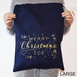 Personalised Gold And Navy Merry Christmas Sack