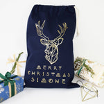 Personalised Reindeer Navy Christmas Sack