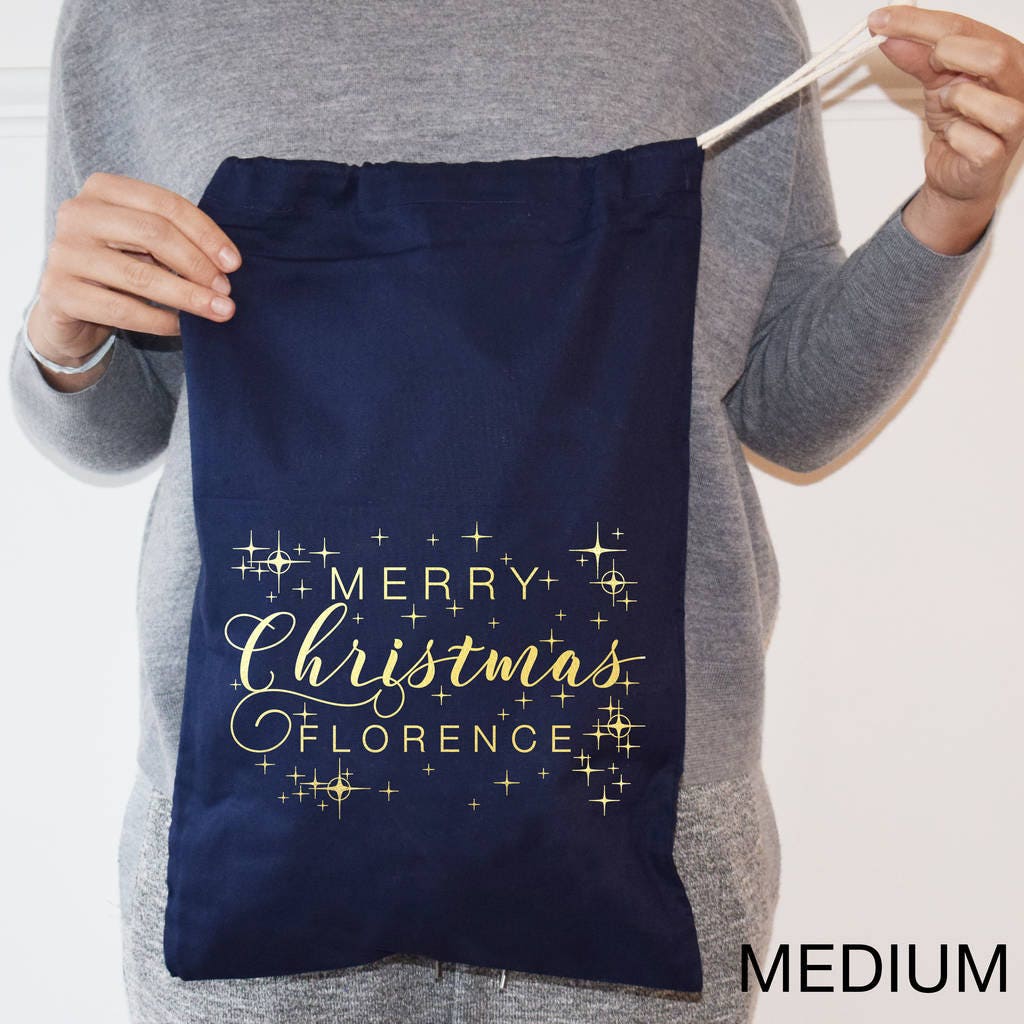 Personalised Gold And Navy Merry Christmas Sack