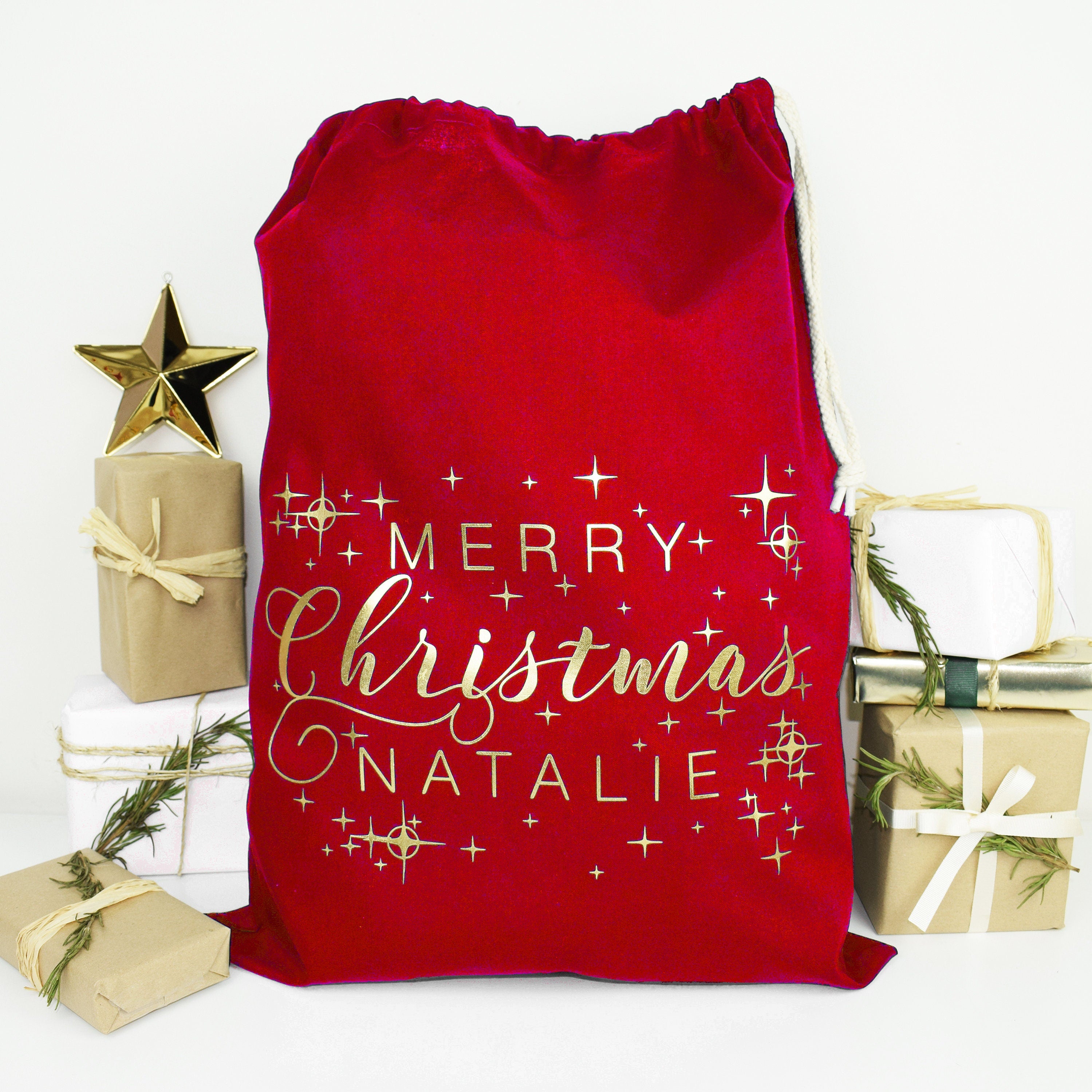 Personalised RED & GOLD Merry Christmas Sack- Christmas Stocking - Christmas Present - Personalized Christmas Sack - Santa Sack - Red Sack