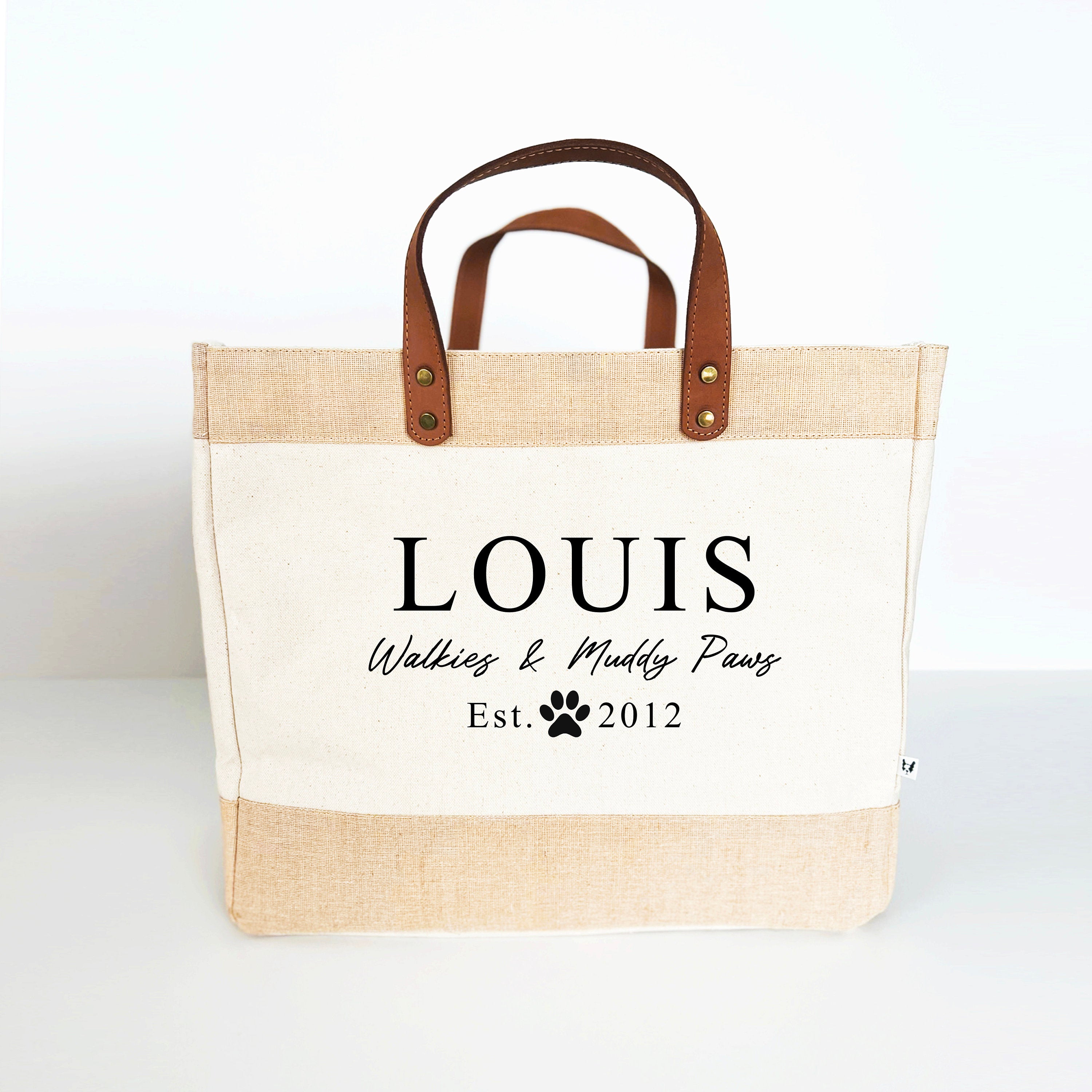 Walkies And Muddy Paws Luxury Tote Bag, Dog Walking Bag, Market Tote Bag, Canvas and Leather Shopping Bag, Gift for Dog Lovers, New Puppy