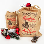 Personalised Steam Train Santa Express Christmas Burlap Sack, Xl, L, M or S, Hessian Sack, Stocking, Childs Xmas, Jute Father Christmas Gift
